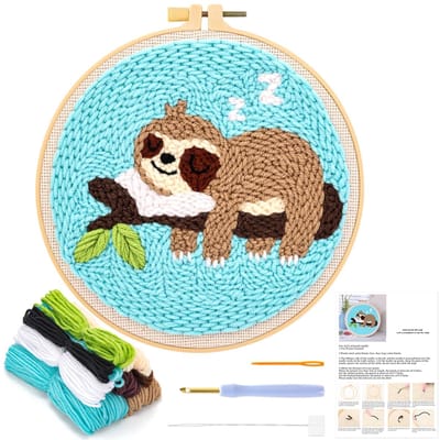 Punchnaald Borduurstartpakket Luiaard met Borduurringen Instructies Beginners Rughaken Kit voor Volwassenen Handgemaakte Punchnaald Kit Kruissteek Kits Ambachtelijk Rug-Punch & Knijpnaald