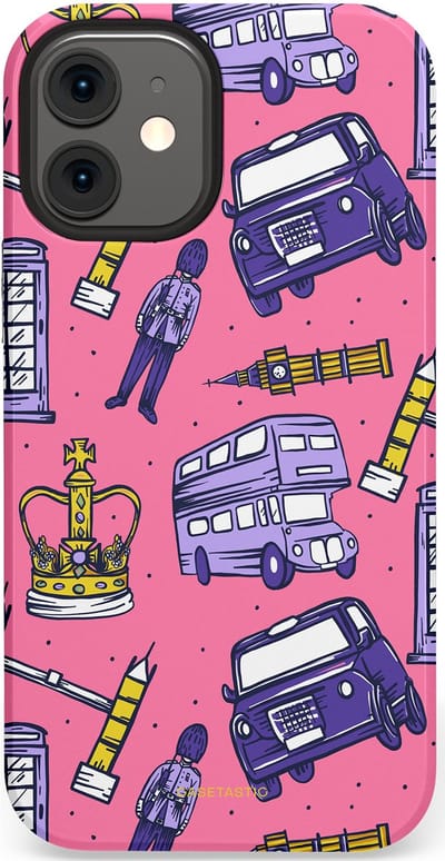 Casetastic Hoesje Geschikt voor Apple iPhone 12 Mini - Stijlvolle Beschermende Duo-layer Case - Brits London Roze Avontuur - Londen