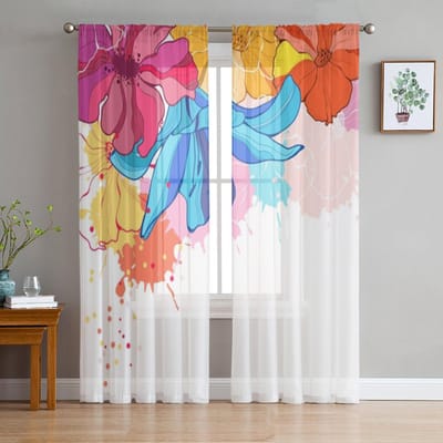 Aquarel Transparante Gordijnen Voor Woonkamer Gekleurde Bloemen Slaapkamer Tule Gordijnen Keuken Raambekleding Paneel Gordijnen 135W x 114H(cm) blue