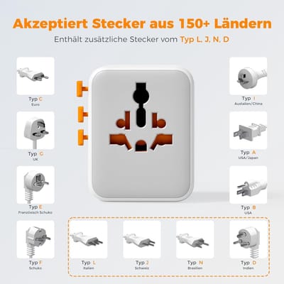 Famanu Universele stekkeradapter, Oplader met 3 USB C en 2 USB A, 2500W Reisadapter