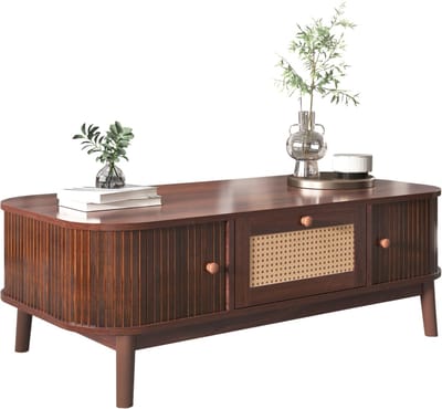 MODFU Salontafel 110x55x38,5 cm van MDF, rattan en massief hout, naturel landhuisstijl met schuifdeuren