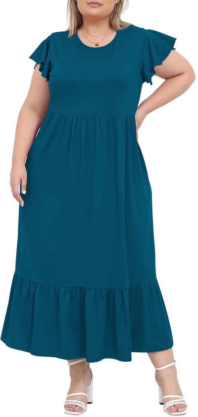 Wood 2025 Dames Zomerjurk Lang Casual Maxi Jurk met Ruches Korte Mouwen en Zakken Grote Maten