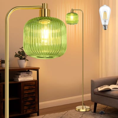 MUPOO Moderne Vloerlamp – Groene Glas Kap - Hoge Staande Lamp 6W & 170cm met Voetschakelaar & Inclusief Lamp - Moderne Paallamp voor Woonkamer, Slaapkamer, Studiekamer, Kantoor