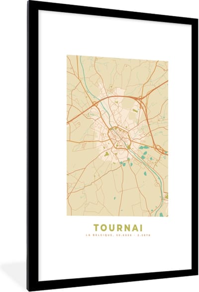Fotolijst incl. Poster - Kaart - België - Tournai - Stadskaart - Plattegrond - 60x90 cm - Posterlijst