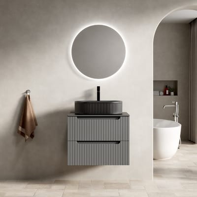 Wishdor - Badkamermeubel Met Ovale Keramische Wastafel En 2 Laden - Modern - Voor Badkamer - Keramiek En Sintersteen - Zwart En Donkergrijs