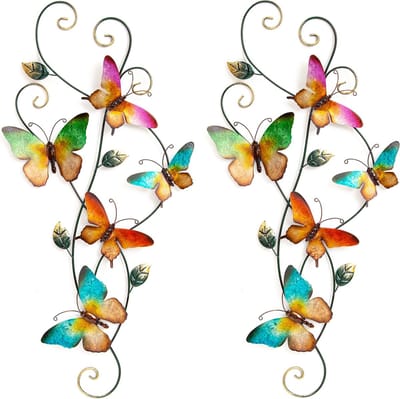 Anna's Collection Wand decoratie vlinders - 2x - gekleurd - 35 x 68 cm - metaal - muurdecoratie