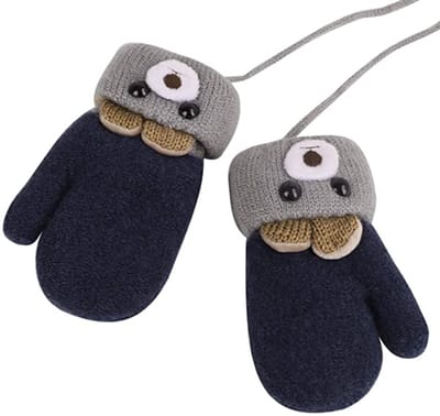 Gigicial Winterhandschoenen voor peuters - Patroon met cartoonbeer - Warm gebreide wol en acrylmix garen + fleecevoering - Enkele verpakking - Geschikt voor buitenactiviteiten, marineblauw