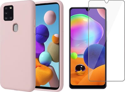 Hoesje geschikt voor Samsung Galaxy A21s - Liquid Siliconen Case Roze + Screen Protector