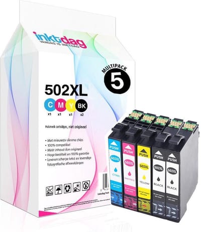 Inktdag inktcartridges voor Epson 502XL, Epson 502 multipack van 5 kleuren (Epson 502xl zwart *2, Epson 502xl C/M/Y *1) voor Epson Expression Home XP-5105 XP-5100 Workforce WF-2860DWF WF-2865DWF XP5105 WF-2860