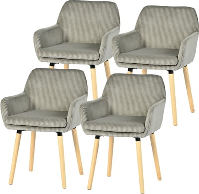 Meubles Cosy Eetkamerstoel - Set Van 4 Fluweel Ribstof Houten Poten Scandinavisch Design - Lichtgrijs