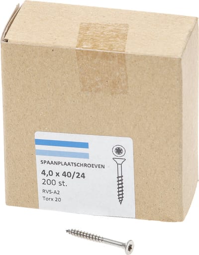 Hoenderdaal Spaanplaatschroef RVS platverzonken kop TX20 deeldraad 4.0X40/24 (per 200 stuks)
