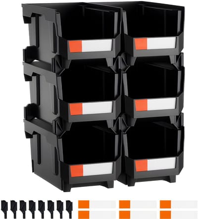Stapelbare Plastic Opslagbakken, 37.6 x 21.6 x 18 cm (Set Van 6), Duurzame Containers voor Het Organiseren Van Kleedkamers, Garages, Kantoorbenodigdheden, Kleine Onderdelen en Accessoires, Zwart