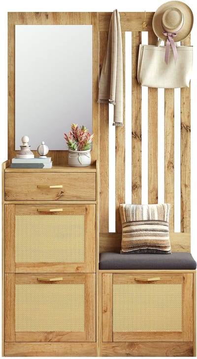 Clruro Garderobekast - 99.5 × 26 × 180 cm - met Spiegel - met Zitbank - met Laden - MDF - Naturel