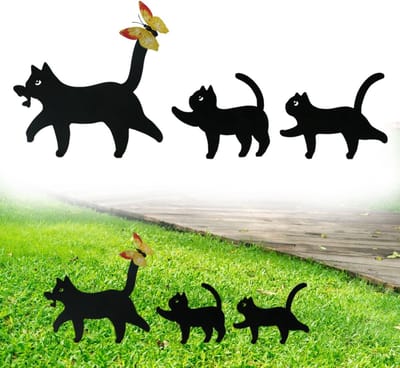 Dailygoods - 3 stuks metalen kat tuinsteker, kat gazon tuindecoratie, met vlinder, zwart silhouet beelden, voor binnenplaats, tuin, gazon, buitendecoratie. Cadeau voor kattenliefhebbers