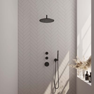 Brauer Black Carving thermostatische inbouw regendouche SET 04 met 30 cm douchekop en gebogen muurarm en staaf handdouche en doucheslang en wandaansluitbocht mat zwart