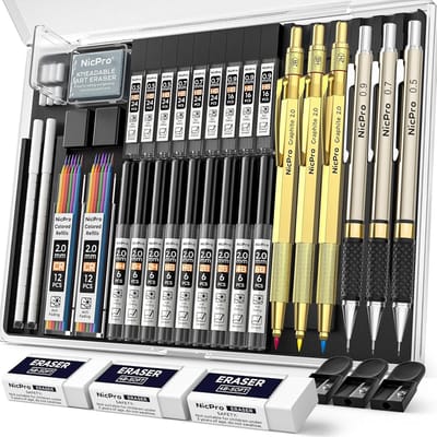PromoHome Complete Tekenset - 35 Delige Professionele Potloodset metalen potloden 0,5 & 0,7 & 0,9 mm en 3 stuks potloden met 2 mm vullingen met 20 dozen vervangende vullingen (kleuren 6B, 4B, 2B HB, 2H, 4H) om te schetsen