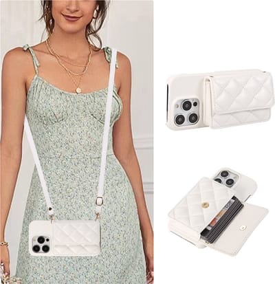 Telefoonhoesje geschikt voor Apple iPhone 15 Plus - Back Cover met Pasjeshouder - Inclusief Schouderkoord - Luxe Telefoontasje - Wit