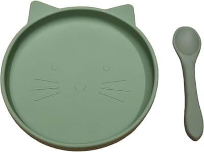 JU&MP Bord Zuignap Poes met Babylepel - Baby - Kinderservies - Kinderbord - Onbreekbaar - Groen