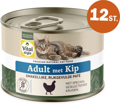VITALstyle Adult Met Kip - Natvoer - Gevarieerde Voeding Voor Een Levenslustige Kat - Met o.a. Catnip & Peterselie - 12 x 200 g