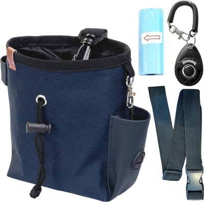 Honden Beloningstasje met Clicker & Poepzakjes - Oxford Heuptasje voor Koekjes, Snacks & Poepzakjes - Trainingstasje Blauw - Hondentraining starterpakket