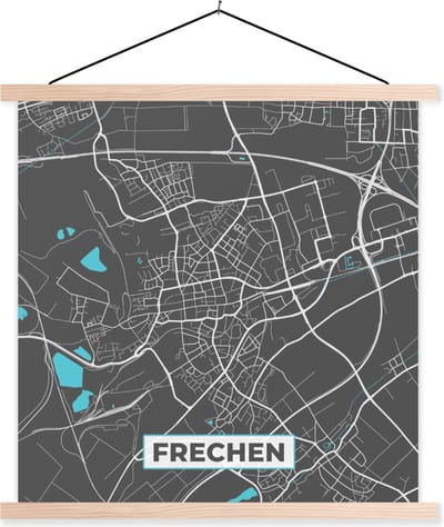 Posterhanger incl. Poster 120x120 cm - Schoolplaat - Frechen – Stadskaart – Blauw – Plattegrond – Stadskaart – Kaart - Duitsland - Textielposter - Blanke latten - Stadskaart