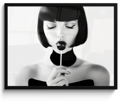 Poster in lijst - Fotolijst 70x50 cm - Posters - Vrouw - Lolly - Zwart - Wit - Posterlijst zwart - Decoratie - Wanddecoratie woonkamer - Muurdecoratie slaapkamer