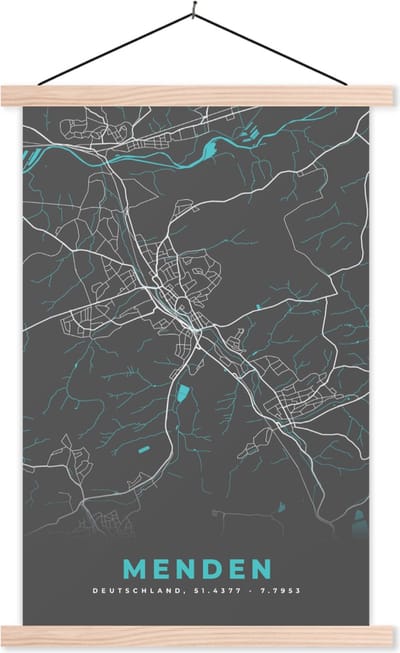 Posterhanger incl. Poster 120x180 cm - Schoolplaat - Duitsland – Blauw – Menden – Stadskaart – Kaart – Plattegrond - Textielposter - Blanke latten - Stadskaart