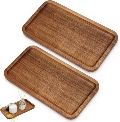 Set van 2 Houten Decoratieve Schalen - Rechthoekige Houten Tray 19x10.5cm, Ideaal voor Koffietafel, Theeservies en Specerijenset