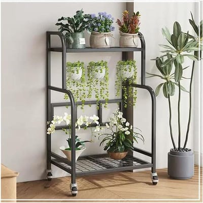 Plantenstandaard met Wielen - Bloemenkar Plantenrek - Planten Verplaatsen - Zwaar Belastbaar Metaal - 52x36x90 cm - Zwart