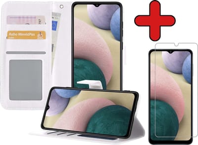 Hoesje - Met Screenprotector - Geschikt voor Samsung Galaxy A12 - Luxe Pasjeshouder - Flipcase - Bookcase Portemonee - Flip Case - Kunstleer Book Case - Book Cover - Walletcase - Portemonneehoes - Telefoonhoes - Wit
