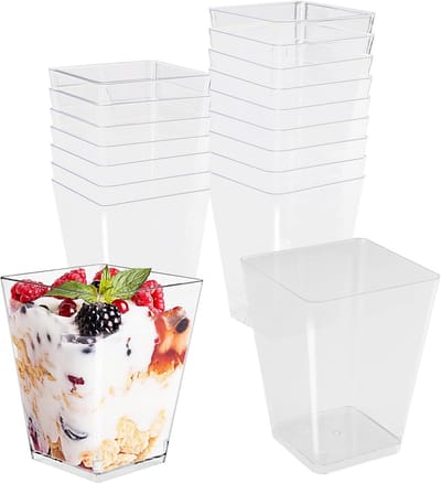 SnelShoppen - Dessertglazen Plastic 150ml - 50 Stuks Rechthoekige Herbruikbare DIY Dessertbekers voor IJs, Pudding, Mousses - Perfect voor Feest, Pick