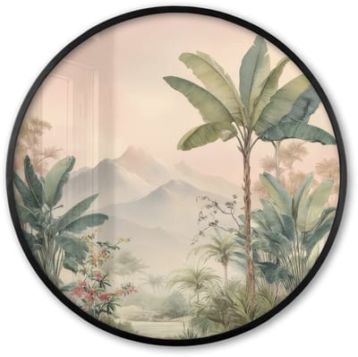 Poster in lijst Rond - Fotolijst 60x60 cm - Posters - Tropisch landschap - palmbomen - Bloemen - Roze lucht - Ronde posterlijst zwart - Decoratie - Wanddecoratie woonkamer - Muurdecoratie slaapkamer