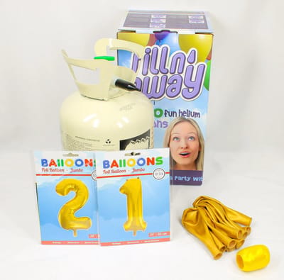 Verjaardag Versiering Pakket 21 jaar - Helium tank voor ballonnen - Versiering 21 Jaar Verjaardag Versiering Volwassenen - Ballonnen Goud & Krullint Goud - Ballonnen 21 jaar - Pakket 2 cijfers 34" + Helium Tank + 10x Ballon metallic + Krullint