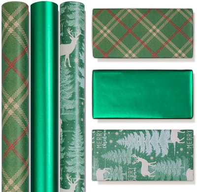 Dailygoods - Niviy Inpakpapier voor Kerstmis 43 cm x 3 m elk, grote rol groen inpakpapier voor kerstcadeaus, origineel retro kerstpapier Pack van 3