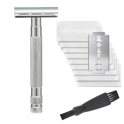 Rasoir de sûreté à double tranchant Manche long Lames en acier inoxydable Paquet Traditionnel 3 pièces Réduit les irritations Rasage doux white