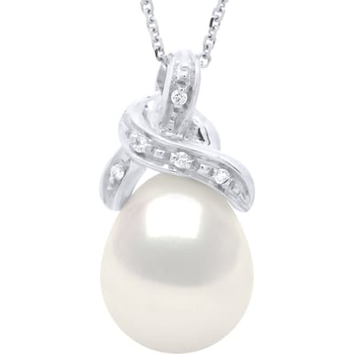 Ketting Kralen Hanger KNOOP Wit Goud en Diamanten 0,04 Ct Echte Zoetwaterparel Peer 9-10 mm