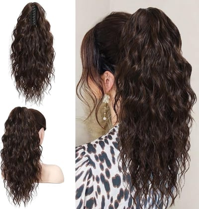 Ponytail Extensions 18 Inch Lang Donkerbruin Golvend Krullend Haarstuk met Clip voor Vrouwen - Natuurlijke Synthetische Haaraccessoires voor een Volumineuze Look
