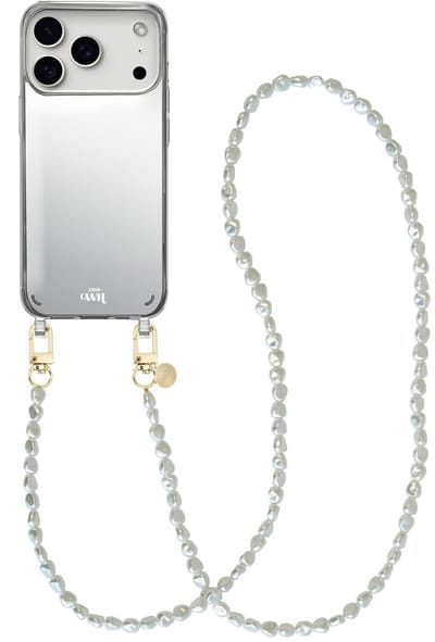 xoxo Wildhearts hoesje met spiegel geschikt voor iPhone 17 Pro Max case - Pearlfection Mirror Case - Lang koord - Siliconen telefoonhoesje met spiegel - Schokbestendig - Parelketting