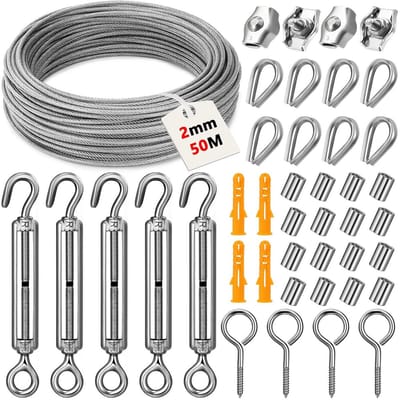 Roestvrijstalen Draadkabelset 50m 2mm met PVC Coating en M5 Kabelspanner