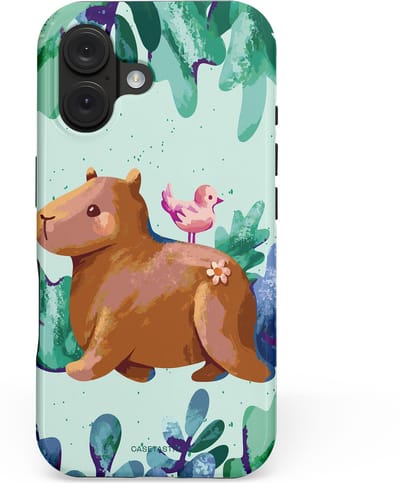 Casetastic hoesje geschikt voor Apple iPhone 16 - MagSafe - Dubbellaagse bescherming - Capibara Vogeltjes Vriend - Fashion Case - Lichtgrijs Petrol Mintgroen Bruin