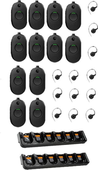Set van 12 Motorola CLP446E Mini Portofoons met oortje en 2 multiladers