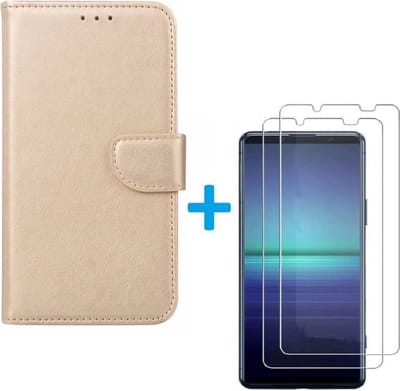 hoesjeGeschikt voor: Sony Xperia 5 II book case goud met 2 stuks Glas Screen protector