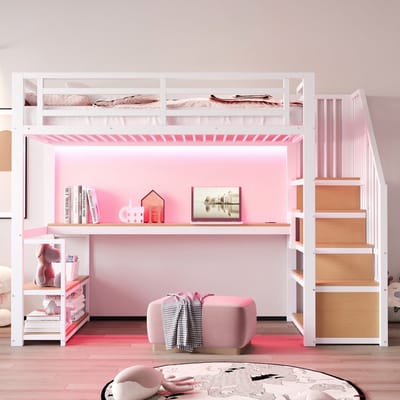 VVBV Hoogslaper 90x200 cm - Opbergruimte, LED-Verlichting, Bureau, Planken, Opbergtrap, Uitvalbeveiliging - Metaal Wit