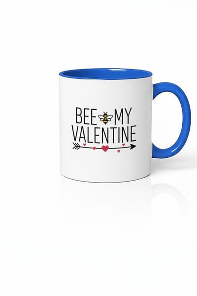 Valentijn Mok 'Bee My Valentine' met Bijtje, Hartenpijl en Blauwe Rand - Keramiek Cadeau