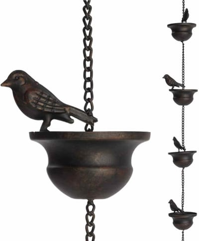 Regenketting - Vogelvormige beker - Mobiele regenketting - Circa 60 cm lang - Decoratieve regenwateropvanger - Hangende regenketting - Tuin, Buiten - Brons