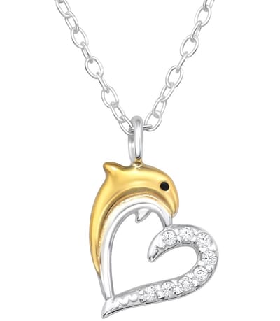 Joy|S - Zilveren hartje met dolfijn hanger inclusief ketting - zilver met gold plated goudkleur dolfijntje - 45 cm - zirkonia