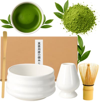 Matcha Thee Set – Wit – 4-delig – Kom, Klopper, Lepel & Houder – Handgemaakt van Bamboe & Keramiek