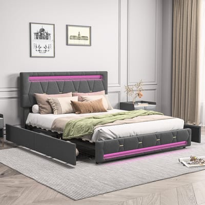 LED Bed 160x200 Grijs – Gestoffeerd Linnen Opbergbed met 4 Lades – Tweepersoonsbed met Verstelbaar Hoofdbord & Afstandsbediening – Lattenbodem