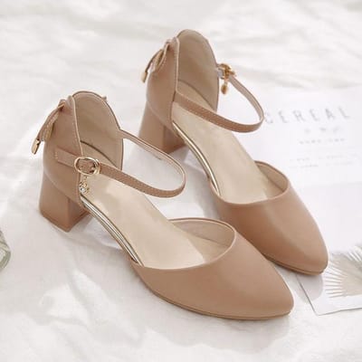 Strik Hoge Hakken Vrouw Puntige Neus Enkellaarssandalen Blokhak Schoenen Voor Kantoor Dames Beige 36 abrikoos