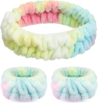 Set van 3 Zachte Spa Hoofdbanden en Polsbanden voor Make-up en Bad - Elastische en Fluffy Hoofdbanden voor Vrouwen met Tie Dye Ontwerp